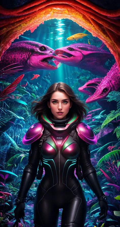 A daring female explorer, traversing the depths of a vibrant, alien jungle teeming with fascinating, never-before-seen creatures
([Cindy Crawford|Jennifer Connelly|Eva Green]:0.8), 
Green eyes, detailed clothes, skinny, shinny glossy skin, subsurface scattering,  [(colorful explosion psychedelic paint colors:1.21)::0.2], (sharp:0.7), amazing fine detail, Nikon D850 film stock photograph Kodak Portra 400 camera f1.6 lens, rich colors, lifelike