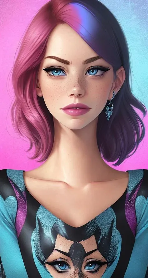 (photorealistic), (realistic), portrait of (Emma Stone:1.1) standing, milf, professor, (freckles:0.7), solo, sexy, seductive smile, best quality, highly detailed, masterpiece, ultra-detailed, illustration, small pink lips, sexy attire, studio_ghibli_anime_style style, anime pattern top,
upper body, yakuza tattoo, tattoo design, stencil, tattoo stencil,
[(colorful explosion psychedelic paint colors:1.21)::0.2],
colorful, shimmering blue eyes, blowout hair,  (magenta hair:1.1),detailed eyes, intricate face,
black background, simple background, dearness, high contrast, (secret:0.9), modest, (crazy:0.7)