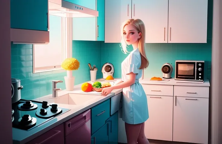 dreamlikeart analog style mdjrny-v4 style establish shot of beautiful girl  standing in kitchen interior, looking at viewer, face detailed, night scene, backlit