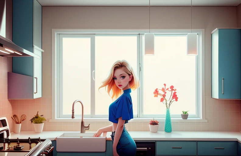 dreamlikeart analog style mdjrny-v4 style establish shot of beautiful girl standing in kitchen interior, looking at viewer, face detailed, night scene, backlit