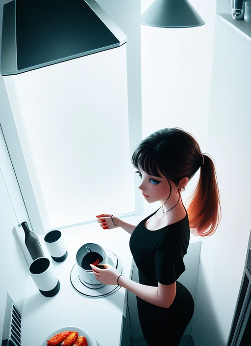 dreamlikeart analog style mdjrny-v4 style (from above :1.1) beautiful girl standing in kitchen, looking at camera, night scene, backlit