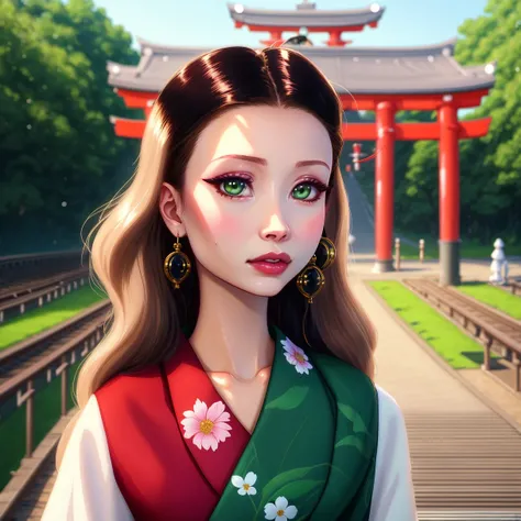 (dreamlikeart style:0.5),( redshift style:0.5),(analog style:0.5),(mdjrny-v4 style:0.5), (studio_ghibli_anime_style style:0.9), (copeseethemald style:0.5),(thepit bimbo:1.2),(glossy sexy bimbo:1.2),
(Emily Browning:1.2),geisha, woman, 1girl,masterpiece,closeup,
beautiful, long_hair, looking_at_viewer,face focus,
beautiful detailed green_eyes,hands down, (arms_behind_back:1.2),
smooth skin, (subsurface skin scattering:1), shiny skin,vax,plastic,
floral_print,japanese_clothes, wide_sleeves,kimono pattern, kimono,
pets, cat, dog, fox,daruma_doll, lantern, maneki-neko, torii, obi, outdoors, paper_lantern,msash, shiba_inu, stairs, torii, youkai,Japanese dolls,
cherry blossom, Japan,Tokyo,train station,
intricate, concept art,
realistic proportions,