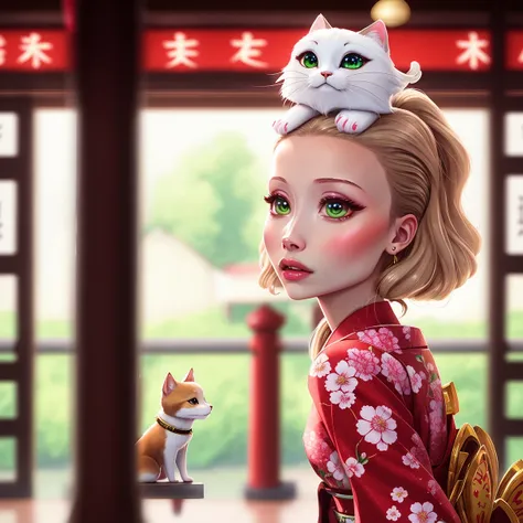 (dreamlikeart style:0.5),( redshift style:0.5),(analog style:0.5),(mdjrny-v4 style:0.5), (studio_ghibli_anime_style style:0.9), (copeseethemald style:0.5),(thepit bimbo:1.2),(glossy sexy bimbo:1.2),
(Emily Browning:1.2),geisha, woman, 1girl,masterpiece,closeup,
beautiful, long_hair, looking_at_viewer,face focus,
beautiful detailed green_eyes,hands down, (arms_behind_back:1.2),
smooth skin, (subsurface skin scattering:1), shiny skin,vax,plastic,
floral_print,japanese_clothes, wide_sleeves,kimono pattern, kimono,
pets, cat, dog, fox,daruma_doll, lantern, maneki-neko, torii, obi, outdoors, paper_lantern,msash, shiba_inu, stairs, torii, youkai,Japanese dolls,
cherry blossom, Japan,Tokyo,train station,
intricate, concept art,
realistic proportions,