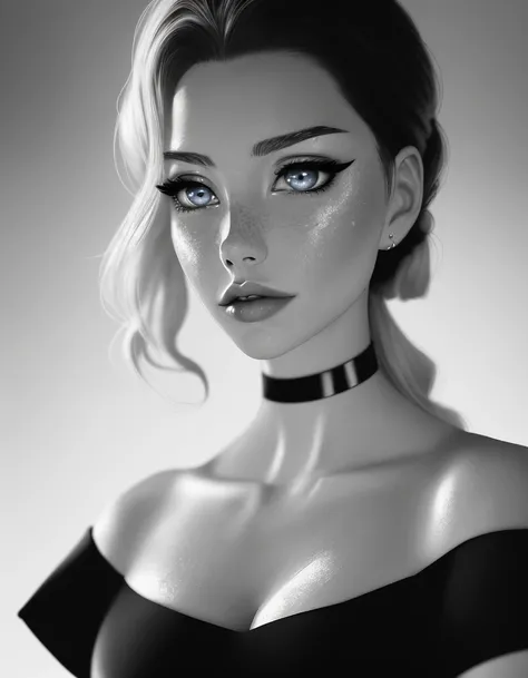 (dreamlikeart style:0.5),( redshift style:0.9),(analog style:0.9), (studio_ghibli_anime_style style:0.9), (copeseethemald style:1),(thepit bimbo:1),(glossy sexy bimbo:1),

([Gina Carano|Emma Stone]:1.1),young woman,1girls, solo, closeup, detailed face,  symmetric, glossy braids, cute, cleavage, plunging neckline,  large round breast,  lips,
light goth esthetic, black and white, monochrome, selected color (blue realistic small eyes:1.1), 

centered, looking away, three quarters pose, skin pores, subsurface scattering, detailed skin, imperfect, off shoulder top,
studio lights, glowing skin, high contrast,
[(dust particles:1.2)::0.2],(freckles:0.6),realistic proportions,
masterpiece, best quality, realistic, hyperrealistic,  sharp focus, absurdres, good anatomy, expressive eyes,