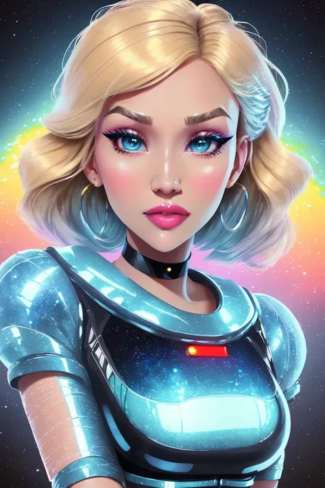 (dreamlikeart style:1.0),( redshift style:1.2),(analog style:1.2), (studio_ghibli_anime_style style:0.9), (copeseethemald style:1.1),(thepit bimbo:1),(glossy sexy bimbo:1), masterpiece, hires,
(Gwen Stefani:1.2), young woman, 1girl, solo, fashion, shiny transparent jacket,
latex crop-top, beautifully detailed blue_eyes, smile, short hair, blonde_hair, black gloves, arms behind,
intricate spaceship, iridescent, chromatic aberration, medium shot,
(psychedelic color:0.7),
cover art, illustration, studio shot,
skin pores, realistic skin, athletic,
smooth skin, subsurface skin scattering, shiny skin, shiny_skin, realistic proportions,
choker, earrings, eyelashes, eyeshadow, lips, lipstick, jewelry, makeup, nose, parted_lips, dancing, navel,
spaceship, futuristic, aliens, galaxy, stars, space, sci-fi,