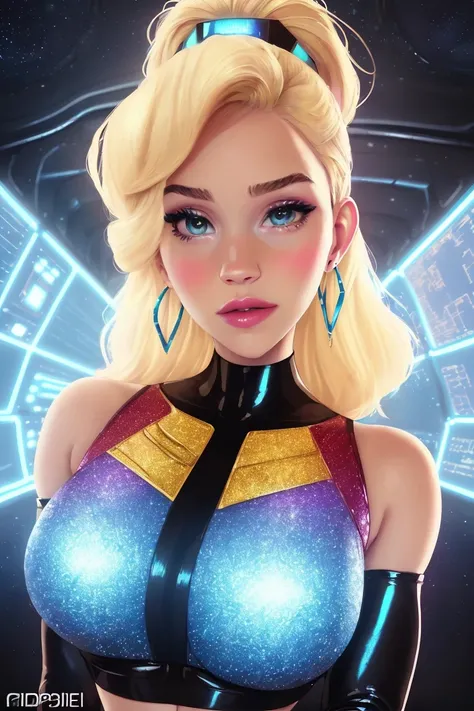 (dreamlikeart style:1.0),( redshift style:1.2),(analog style:1.2), (studio_ghibli_anime_style style:0.9), (copeseethemald style:1.1),(thepit bimbo:1),(glossy sexy bimbo:1), masterpiece, hires,

([Gwen Stefani|Emma Watson]:1.2), young woman, 1girl, solo, fashion, shiny transparent jacket, 
latex crop-top, beautifully detailed blue_eyes, smile, short hair, blonde_hair, black gloves, fist,
intricate spaceship, iridescent, chromatic aberration, medium shot,

(psychedelic color:0.7),

cover art, illustration, studio shot,

skin pores, realistic skin, athletic,
smooth skin, subsurface skin scattering, shiny skin, shiny_skin, realistic proportions,
choker, earrings, eyelashes, eyeshadow, lips, lipstick, jewelry, makeup, nose, parted_lips, dancing, navel,
spaceship, futuristic, aliens, galaxy, stars, space, sci-fi, map, lasers, robots,