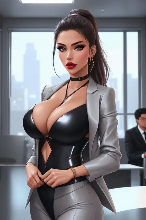 (dreamlikeart style:1.0), ( redshift style:1.0), (analog style:1.2), (studio_ghibli_anime_style style:0.7), (copeseethemald style:0.8), (thepit bimbo:0.9), (glossy:1.0),
Adriana Lima, woman, 1girl, European, (wearing suit, wearing business suit, wearing lounge suit, wearing jacket:1.2), elegant, fit,
(bondage, bondage above suit, tied up, straps, ropes, kinbaku, shibari, fesselspiele, black tape:1.15), fashion, symmetric,
detailed eyes, detailed pupils, bright eyes, high_ponytail, arms_at_sides,
choker, delicate eyelashes, light eye shadow, lips, lipstick, jewelry, natural makeup, nose, parted_lips, standing, navel,
close-up shot, closeup shot, zoom in, upper body, cleavage focus, face focus, zoomed,
neon strips,
cold light,
realistic proportions,
office, office space, work, fluorescent light, cubicles, rooms, glass, windows,
detailed background,