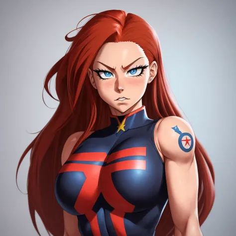 (My hero academia style), photograph of a solo girl with red hair, long hair, blue eyes, breasts, blushing face, hyper realism, 8k, black background, wearing bodysuit, (well designed face), (super detailed), tatoo, [shakira]