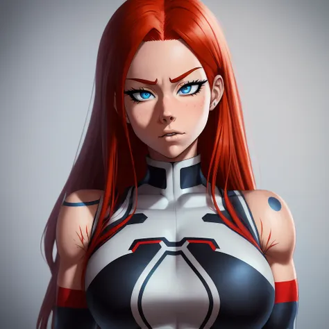 (My hero academia style), photograph of a solo girl with red hair, long hair, blue eyes, breasts, intricate detail, hyper realism, 8k, black background, wearing bodysuit, (well designed face), (super detailed), tatoo, [shakira]