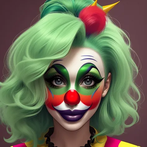 a close up of a person wearing a costume with a green hair and a clown mask on his head