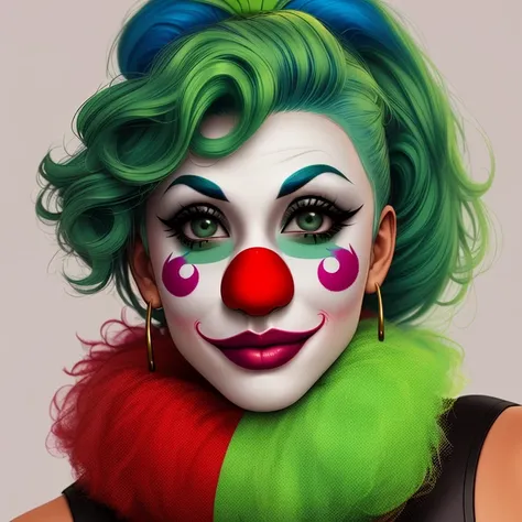 a close up of a person wearing a costume with a green hair and a clown mask on his head