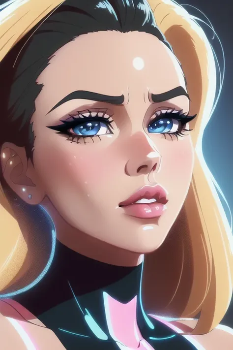 Creat (( masterpiece )), best quality,(( Public domain )) 2D digital artwork in the style of (( Kill-la-kill_Japanese_anime )), 1990's with colored tips,
The character should have a similar aesthetic style to the actricess  [ Marilyn Monroe : Cardi B : 1.5 ],
She should be wearing a typical modern Retrowave outfit,
The character should have a distinct personality, she should be determined and she love dance.

The character should be:
A solo,A woman
A front portrait of a woman in her early 30s with wrinkles around her eyes, with caucasian skin tone,(( long dark  hair )),
A curvy, tick-tight body,Low breasts,90D_cupesize,
A high resolution face,detailed face,detailed eyes, gorgeous face, pretty face, (( degusting expression on  her face )), angry expression on her face,
They should be shown with amber yellow eyes,glowing eyes,detailed eyes short eyelashes, short eyebrows.
A perfect face, perfect eyes, Perfect body, perfect hands,(best ratio 4fingers), (arm + hand + 1thumb + 4fingers), (Five_fingers_each), (Perfect_hands), (extremely detailed hands) ,(( hands out of frame)),((hidden hands))
The woman should be wearing a Retrowave modern outfit, glowing elements,yellow color on her lips,
Looking at the viewer,
Sitting_poses,

The background should be :
(( The background should be a a retrowave club,neon lights )).

The colors should be :
Use vivid colors, low contrast,200 mm (( One-Punch-Man_Japanese_Anime details and celshading )), DVD_Screencap, PC_Screencap,Medium_View, It also has specific lighting and inking techniques of manga animation,, dutch angle from view, glitchcore, high detail, intimidating, epic scale ultrawide angle, cinematic, dynamic angle,