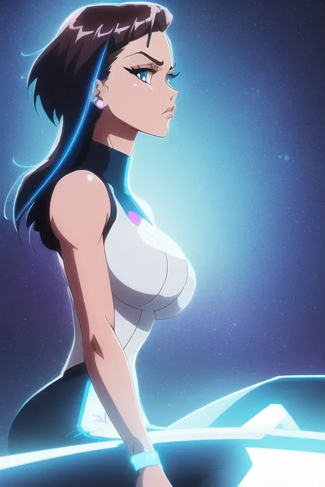Creat (( masterpiece )), best quality,(( Public domain )) 2D digital artwork in the style of (( Kill-la-kill_Japanese_anime )), 1990's with colored tips,
The character should have a similar aesthetic style to the actricess  [ Marilyn Monroe : Cardi B : 1.5 ],
She should be wearing a typical modern Retrowave outfit,
The character should have a distinct personality, she should be determined and she love dance.

The character should be:
A solo,A woman
A front portrait of a woman in her early 30s with wrinkles around her eyes, with caucasian skin tone,(( long dark  hair )),
A curvy, tick-tight body,Low breasts,90D_cupesize,
A high resolution face,detailed face,detailed eyes, gorgeous face, pretty face, (( degusting expression on  her face )), angry expression on her face,
They should be shown with amber yellow eyes,glowing eyes,detailed eyes short eyelashes, short eyebrows.
A perfect face, perfect eyes, Perfect body, perfect hands,(best ratio 4fingers), (arm + hand + 1thumb + 4fingers), (Five_fingers_each), (Perfect_hands), (extremely detailed hands) ,(( hands out of frame)),((hidden hands))
The woman should be wearing a Retrowave modern outfit, glowing elements,yellow color on her lips,
Looking at the viewer,
Sitting_poses,

The background should be :
(( The background should be a a retrowave club,neon lights )).

The colors should be :
Use vivid colors, low contrast,200 mm (( One-Punch-Man_Japanese_Anime details and celshading )), DVD_Screencap, PC_Screencap,Medium_View, It also has specific lighting and inking techniques of manga animation,, dutch angle from view, glitchcore, high detail, intimidating, epic scale ultrawide angle, cinematic, dynamic angle,