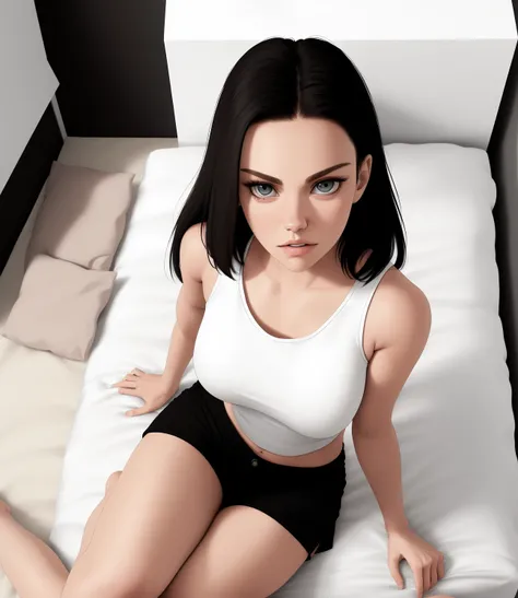 Minimalism, 8K, photo shot from above, full body portrait, highly-detailed, laying on back, in a minimalist and modern bedroom, wearing a white tank top and shorts, neutral expression, straight black hair, [Natalie Portman|Mila Kunis], in a clean and simple setting, with monochromatic colors