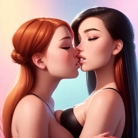 Neon, 8K, portrait, highly-detailed, taken from side view, two girls standing face to face, full body view, kissing, eyes closed, wearing stockings, black hair girl facing left while second girl facing right with ginger hair, shy and blushing expression, [Margot Robbie|Brie Larson], cleavage, surreal and dreamlike setting, soft pastel colors