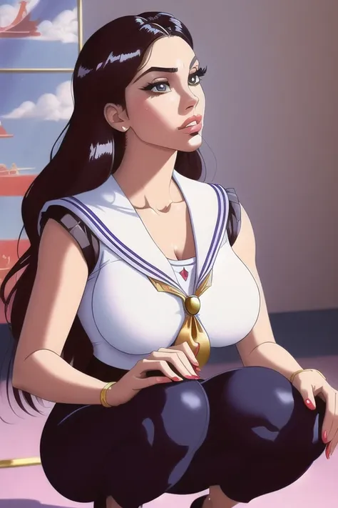 Creat (( masterpiece )), best quality,(( Public domain )) 2D digital artwork in the style of (( Sailor-Moon_Japanese_anime )), 1990's with colored tips,(anime:1.3),
The character should have a similar aesthetic style to the actricess  [ Monica Bellucci : Cardi B : 5 ],
She should be wearing a typical modern Art core outfit,
The character should have a distinct personality, she should be determined and she has determined to have her answer.

The character should be:
A solo,A woman
A front portrait of a woman in her early 30s with wrinkles around her eyes, with caucasian skin tone,(( long dark  hair )),
A curvy, tick-tight body,Low breasts,90D_cupesize,(full body:1.2)
A high resolution face,detailed face,detailed eyes, gorgeous face, pretty face, (( degusting expression on  her face )), angry expression on her face,
They should be shown with amber yellow eyes,glowing eyes,detailed eyes short eyelashes, short eyebrows.
A perfect face, perfect eyes, Perfect body, perfect hands,(best ratio 4fingers), (arm + hand + 1thumb + 4fingers), (Five_fingers_each), (Perfect_hands), (extremely detailed hands) ,(( hands out of frame)),((hidden hands))
The woman should be wearing a Artcore outfit,Latex outfits,
Looking at the viewer,
Squatting_poses,

The background should be :
(( The background should be a prison room )).

The colors should be :
Use vivid colors, low contrast,200 mm (( Akira_Japanese_Anime details and celshading )), DVD_Screencap, PC_Screencap,Medium_View, It also has specific lighting and inking techniques of manga animation, dutch angle from view, high detail, intimidating, cinematic, dynamic angle,Atmospheric perspective,Photo shoot low angle,