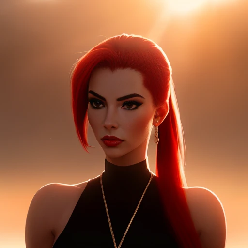 1WOMAN, long red ponytail, femme fatale, cinematic lighting, epic, sunlight, futuristic, looking at camera,