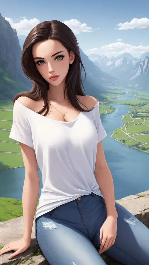 (portrait) of a young woman, sexy, beautiful face, perfect face, centered, looking at viewer, loose clothes,
denim short, t-shirt, sitting on the edge of a cliff,
flowering plains with scattered trees, river, realistic, full body, lake and mountains in the distance,
photo, DSLR, mirrorless,