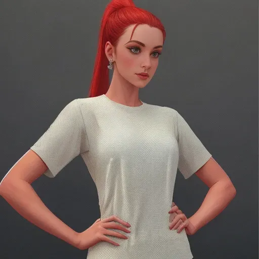 1 woman, hand on the hip, best quality, masterpiece, 4k, 8k, redshift style, long red ponytail,
