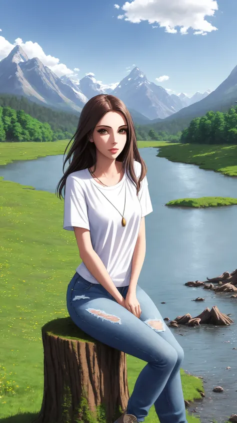 (portrait) of a young woman, sexy, beautiful face, perfect face, centered, looking at viewer, loose clothes,
denim short, t-shirt, sitting on a stump,
flowering plains with scattered trees, river on the left, realistic, full body, lake and mountains in the distance,
photo, DSLR, 4K,