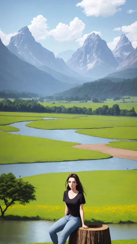 (portrait) of a young woman, sexy, beautiful face, perfect face, centered, looking at viewer, loose clothes,
denim short, t-shirt, sitting on a stump,
flowering plains with scattered trees, river on the left, realistic, full body, lake and mountains in the distance,
photo, DSLR, 4K,