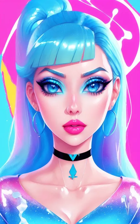 1girl, solo, (slutty bratty bimbo:1.1), fashion, shiny transparent jacket, latex crop-top, beautiful detailed blue_eyes, smile, twintails, blonde_hair, abstract geometric background, iridescent, chromatic aberration, medium shot,
[(colorful explosion psychedelic paint colors:1.2)::0.375],

magazine cover, cover art, illustration, studio shot, (anime:0.8),

shiny_skin,vax,3d,plastic,
choker, earrings, eyelashes, eyeshadow, lips, lipstick, jewelry, makeup, nose, parted_lips,standing, navel,

studio_ghibli_anime_style style, copeseethemald style
