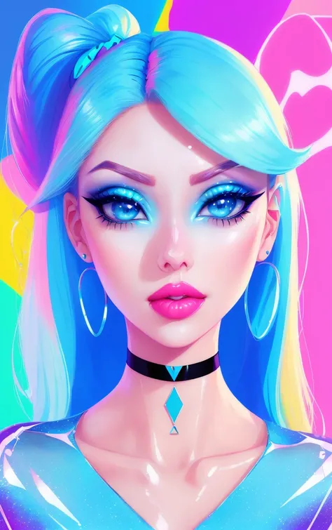 1girl, solo, (slutty bratty bimbo:1.1), fashion, shiny transparent jacket, latex crop-top, beautiful detailed blue_eyes, smile, twintails, blonde_hair, abstract geometric background, iridescent, chromatic aberration, medium shot,
[(colorful explosion psychedelic paint colors:1.2)::0.375],

magazine cover, cover art, illustration, studio shot, (anime:0.8),

shiny_skin,vax,3d,plastic,
choker, earrings, eyelashes, eyeshadow, lips, lipstick, jewelry, makeup, nose, parted_lips,standing, navel,

studio_ghibli_anime_style style, copeseethemald style