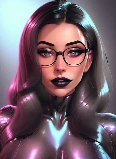 a (high quality highly detailed 32k digital drawing:1.2) of a beautiful woman wearing a black latex dress, fully covered, (beautiful face:1.0), sadistic smile, glasses, (black hair:1.1), intricate, extreme detail, wild unkempt hair, cold lighting, dark, blue, purple, shiny, metallic, lipstick, (dominate pose:1.2), muscular, puffy lips