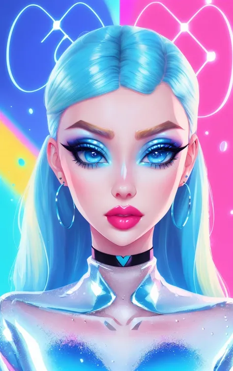 1girl, solo, (slutty bratty bimbo:1.1), fashion, shiny transparent jacket, latex crop-top, beautiful detailed blue_eyes, smile, twintails, blonde_hair, abstract geometric background, iridescent, chromatic aberration, medium shot,
[(colorful explosion psychedelic paint colors:1.2)::0.375],

magazine cover, cover art, illustration, studio shot, (anime:0.8),

shiny_skin,vax,3d,plastic,
choker, earrings, eyelashes, eyeshadow, lips, lipstick, jewelry, makeup, nose, parted_lips,standing, navel,

studio_ghibli_anime_style style, copeseethemald style