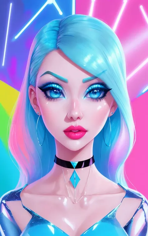 1girl, solo, (slutty bratty bimbo:1.1), fashion, shiny transparent jacket, latex crop-top, beautiful detailed blue_eyes, smile, twintails, blonde_hair, abstract geometric background, iridescent, chromatic aberration, medium shot,
[(colorful explosion psychedelic paint colors:1.2)::0.375],

magazine cover, cover art, illustration, studio shot, (anime:0.8),

shiny_skin,vax,3d,plastic,
choker, earrings, eyelashes, eyeshadow, lips, lipstick, jewelry, makeup, nose, parted_lips,standing, navel,

studio_ghibli_anime_style style, copeseethemald style