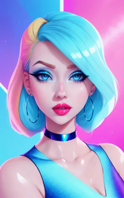 1girl, solo, (slutty bratty bimbo:1.1), fashion, shiny transparent jacket, latex crop-top, beautiful detailed blue_eyes, smile, twintails, blonde_hair, abstract geometric background, iridescent, chromatic aberration, medium shot,
[(colorful explosion psychedelic paint colors:1.2)::0.375],

magazine cover, cover art, illustration, studio shot, (anime:0.8),

shiny_skin,vax,3d,plastic,
choker, earrings, eyelashes, eyeshadow, lips, lipstick, jewelry, makeup, nose, parted_lips,standing, navel,

studio_ghibli_anime_style style, copeseethemald style