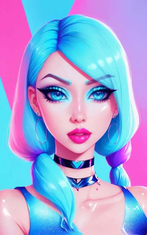1girl, solo, (slutty bratty bimbo:1.1), fashion, shiny transparent jacket, latex crop-top, beautiful detailed blue_eyes, smile, twintails, blonde_hair, abstract geometric background, iridescent, chromatic aberration, medium shot,
[(colorful explosion psychedelic paint colors:1.2)::0.375],

magazine cover, cover art, illustration, studio shot, (anime:0.8),

shiny_skin,vax,3d,plastic,
choker, earrings, eyelashes, eyeshadow, lips, lipstick, jewelry, makeup, nose, parted_lips,standing, navel,

studio_ghibli_anime_style style, copeseethemald style