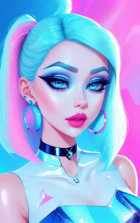 1girl, solo, (slutty bratty bimbo:1.1), fashion, shiny transparent jacket, latex crop-top, beautiful detailed blue_eyes, smile, twintails, blonde_hair, abstract geometric background, iridescent, chromatic aberration, medium shot,
[(colorful explosion psychedelic paint colors:1.2)::0.375],

magazine cover, cover art, illustration, studio shot, (anime:0.8),

shiny_skin,vax,3d,plastic,
choker, earrings, eyelashes, eyeshadow, lips, lipstick, jewelry, makeup, nose, parted_lips,standing, navel,

studio_ghibli_anime_style style, copeseethemald style