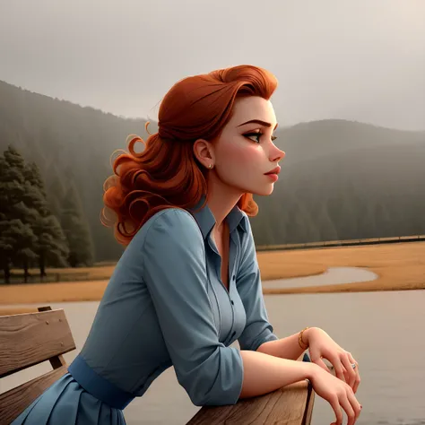 Nostalgic, 6K, photo shot from a medium distance, mid-body portrait, highly-detailed, girl sitting on a wooden bench, wearing a vintage-style dress with a full skirt and petticoats, lost in thought, curly red hair styled in a beehive, [Kate Winslet|Mila Kunis], set against a backdrop of a misty, overcast sky with a subtle, muted color palette and gentle, diffuse lighting