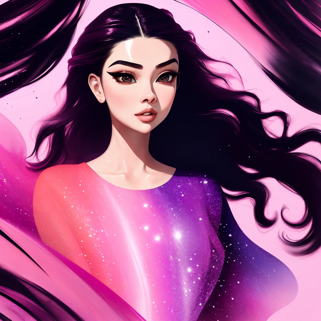 Abstract, 8K, photo shot from front, mid-body portrait, highly-detailed, girl in a fluid and dynamic pose, wearing a loose, flowing pink dress, mysterious expression, curly black hair, [Zhang Ziyi|Aishwarya Rai], in a modern and abstract setting, with bold and colorful abstract art, blurred background, bright lighting