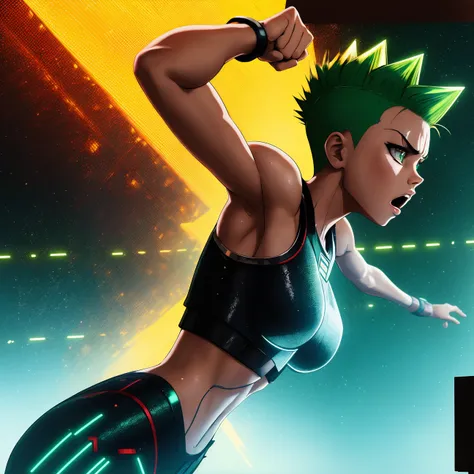 Shonen, 8K, photo shot from front, highly-detailed, girl in a battle pose with fists clenched, intense expression, short green hair styled in a spiky cut, [Sakura Haruno|Erza Scarlet], in a high-tech and futuristic cityscape, with neon lighting and holographic screens