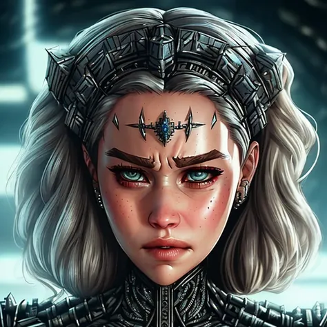 angry Emilia Clarke made out of metal, cyborg, cyberpunk style, Hellraiser, ((intricate details)), hdr, ((intricate details, hyperdetailed)), cinematic shot, vignette