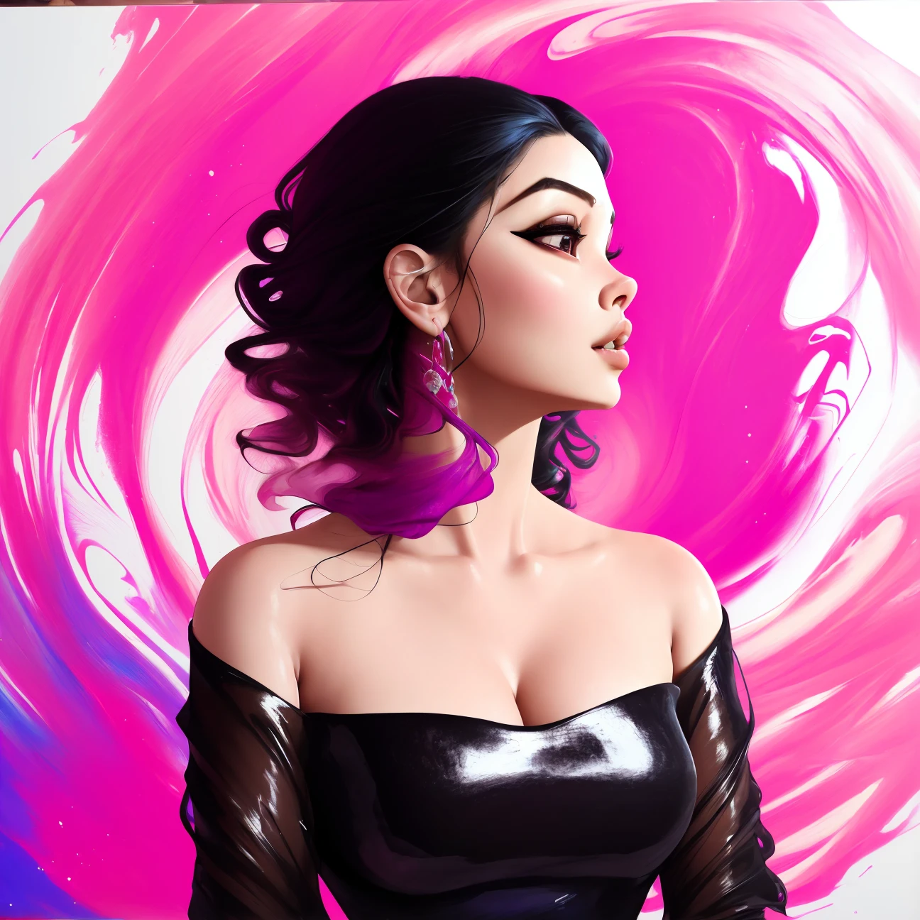 Abstract, 8K, photo shot from front, mid-body portrait, highly-detailed, girl in a fluid and dynamic pose, wearing a loose, flowing pink dress, mysterious expression, curly black hair, [Zhang Ziyi|Aishwarya Rai], in a modern and abstract setting, with bold and colorful abstract art, blurred background, bright lighting