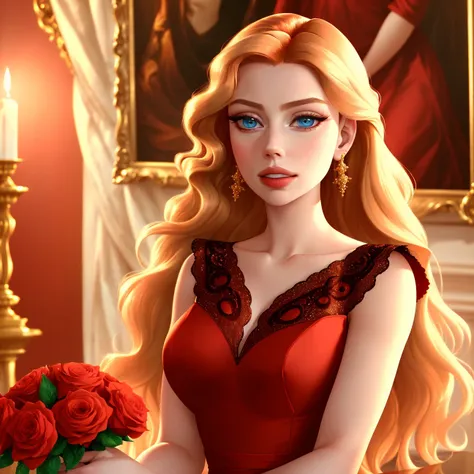 Renaissance, 8K, photo shot from front, mid-body portrait, highly-detailed, girl holding a bouquet of flowers, wearing a long, flowing red dress, demure expression, wavy blonde hair, [Scarlett Johansson|Margot Robbie], in a classical and elegant setting, with detailed and intricate renaissance-style paintings, clear background, soft lighting