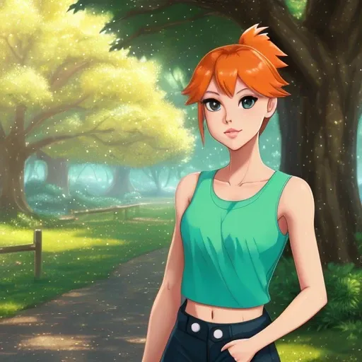 misty from pokemon, 1girl, ;d, against_tree, anime_coloring, bare_arms, bare_tree, blurry, blurry_background, blurry_foreground, bush, christmas_tree, collarbone, day, depth_of_field, eyelashes, foliage, forest, grass, green_eyes, hand_on_hip, lake, looking_at_viewer, midriff, misty_\(pokemon\), nature, official_style, one_eye_closed, open_mouth, orange_hair, outdoors, palm_tree, park, plant, pokemon_\(creature\), short_hair, side_ponytail, smile, spread_fingers, suspenders, tank_top, tree, tree_shade, waving, yellow_shirt