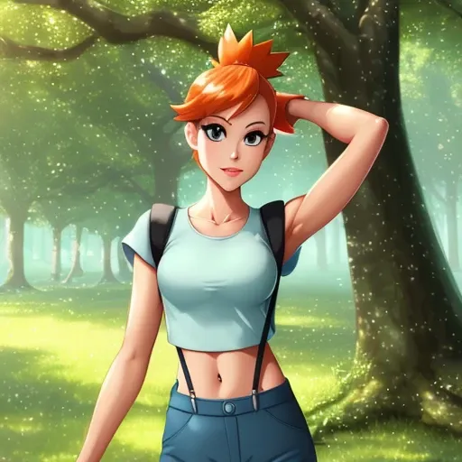 misty from pokemon, 1girl, ;d, against_tree, anime_coloring, bare_arms, bare_tree, blurry, blurry_background, blurry_foreground, bush, christmas_tree, collarbone, day, depth_of_field, eyelashes, foliage, forest, grass, green_eyes, hand_on_hip, lake, looking_at_viewer, midriff, misty_\(pokemon\), nature, official_style, one_eye_closed, open_mouth, orange_hair, outdoors, palm_tree, park, plant, pokemon_\(creature\), short_hair, side_ponytail, smile, spread_fingers, suspenders, nude, tree, tree_shade, waving