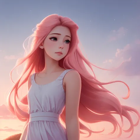 Dreamy, 8K, photo shot from front, highly-detailed, girl with a peaceful expression, wearing a soft and flowing dress, pink hair styled in a loose wave, [Ponyo|The Wind Rises], in a tranquil anime-style landscape with pastel and warm colors, soft and diffused lighting