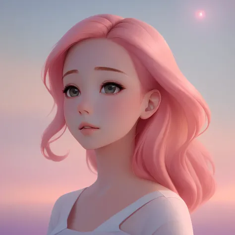 Dreamy, 8K, photo shot from front, highly-detailed, girl with a peaceful expression, wearing a soft and flowing dress, pink hair styled in a loose wave, [Ponyo|The Wind Rises], in a tranquil anime-style landscape with pastel and warm colors, soft and diffused lighting