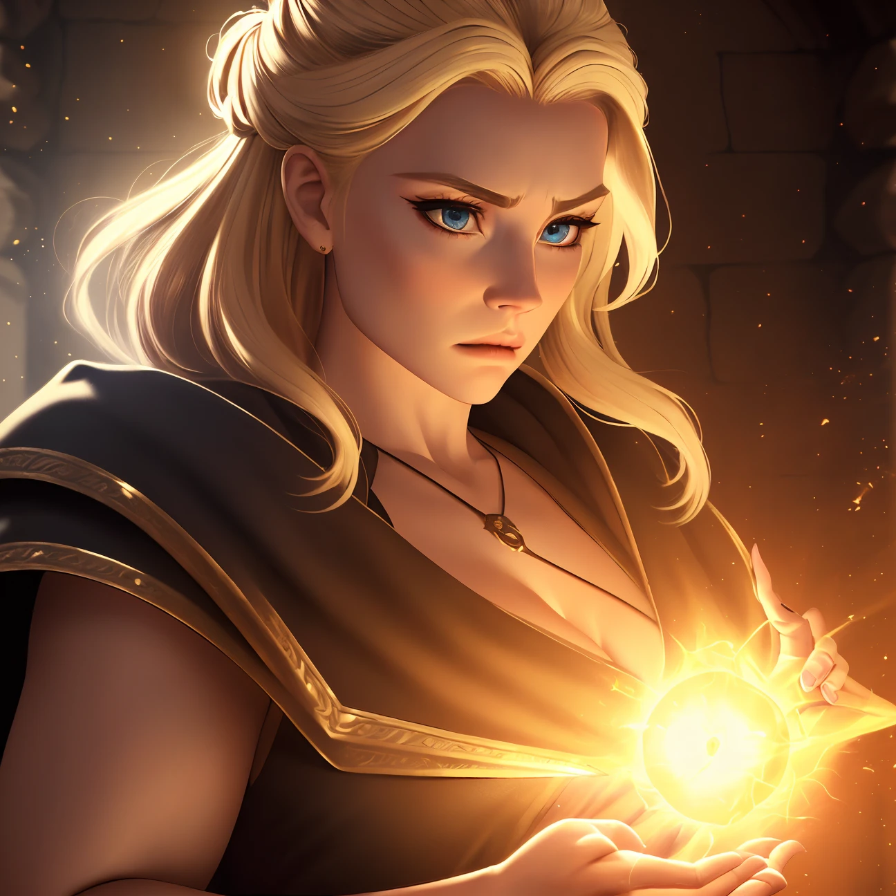 Arcane, 8K, photo shot from the front, highly-detailed, girl with an intense expression, wearing a medieval-style mage robe, blonde hair styled in a bun, cleavage, [Gandalf|Merlin], hand casting a blazing fireball, surrounded by magical energy