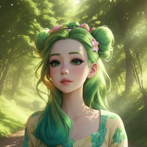 Whimsical, 8K, photo shot from front, highly-detailed, girl with a mischievous expression, wearing a delicate flower crown, green hair styled in a messy bun, [Kiki's Delivery Service|My Neighbor Totoro], in a lush anime-style forest with pastel and vibrant colors, warm and soft lighting