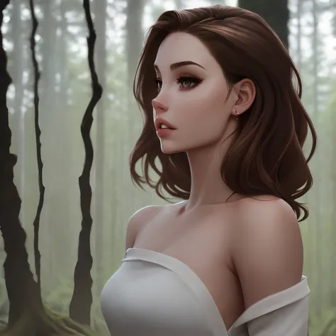 Intriguing, 8K, photo shot from side, mid-body portrait, highly-detailed, girl with a mysterious expression, wearing a backless off-shoulder top, brown hair styled in loose waves, [Angelina Jolie|Nina Dobrev], in a dark and eerie forest setting, with cool and muted colors, blurred background, low lighting.