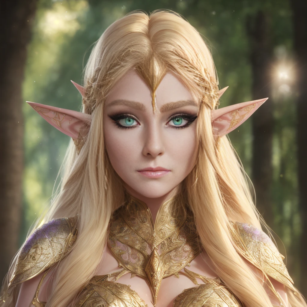 detailed face, (masterpiece), elven ears, elf woman, gold metal bikini top, gold dust on skin, purple eyes, detailed eyes, bright sunlight, intricate design, long blonde hair, pointy ears, (bimbo:0.5), big breasts, (((sad expression))) , bright green forest background, green grass, windy day, high quality, intricate, highly detailed, trending on artstation 2k, 4k, 8k, hdr, highres, absurdres, best quality, cinematic lighting, professional, epic, very detailed, highest quality, ultra-detailed, extremely detailed, powerful impression, hyperdetailed, hyperrealistic, hypermaximalist, extremely intricate, CG, unity, (high-definition)
