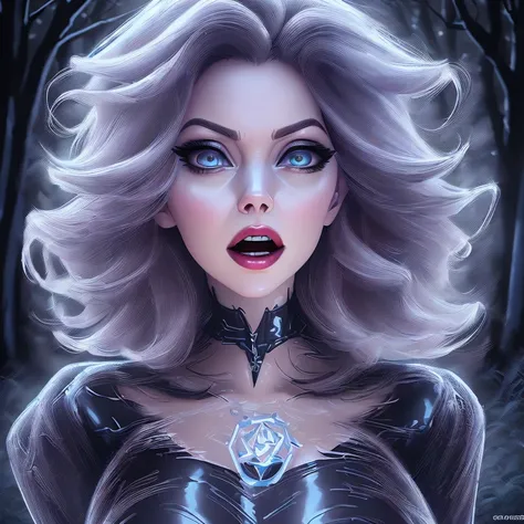 (closeup:0.6), a (high quality highly detailed 32k digital drawing:1.2) of a screaming witch ([Gina Carano|Emma Stone]:1.1), wearing a black latex dress,  a dark blue forest, full moon, unreal engine, artstation, detailed, digital painting, cinematic, unreal 5, daz, hyperrealistic, octane render,