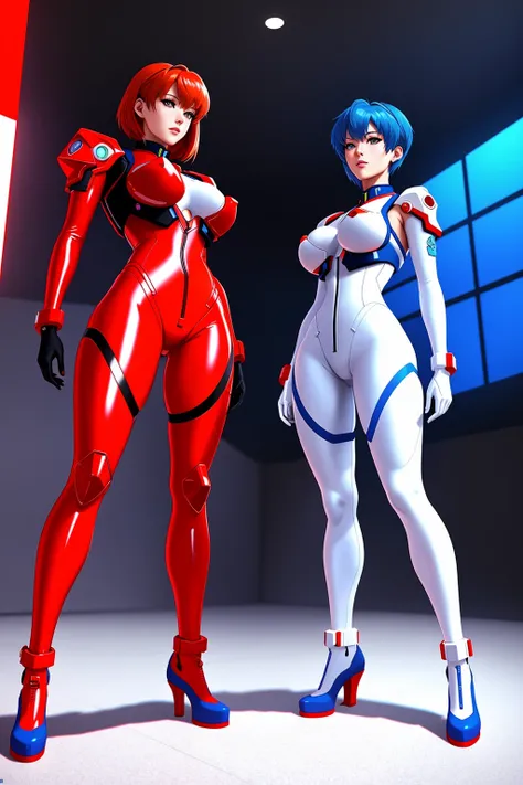 2 sexy girls from Evangelion standing close to each other on the floor on the left is Rei Ayanami with short blue hair wearing white plugsuit on the right is Asuka Langley with red hair wearing red plugsuit,
sci-fi base with electronics,
beautiful face,perfect face,
dreamlikeart style,glossy,thepit bimbo,
realistic, professional, limited palette,high contrast,amazing detail,glowing background,dynamic lights,
hyperrealism, masterpiece, best quality, HDR, viewpoint, highest quality, sharp focus, digital art render, 8k