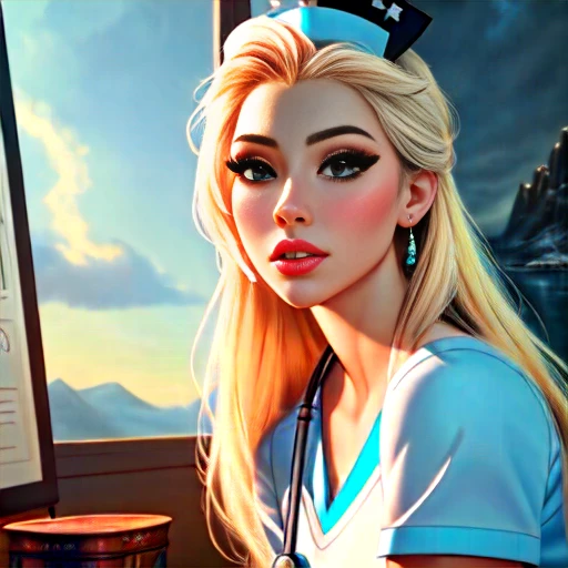 masterpiece, realistic, detailed face, good anatomy, Portrait, (realism), disney artwork, amazing detail, color grading, digital art render, anime, pixar style, 8k, elsa from frozen, background with black men, disney, sexy, ((nurse)), white stockings, miniskirt